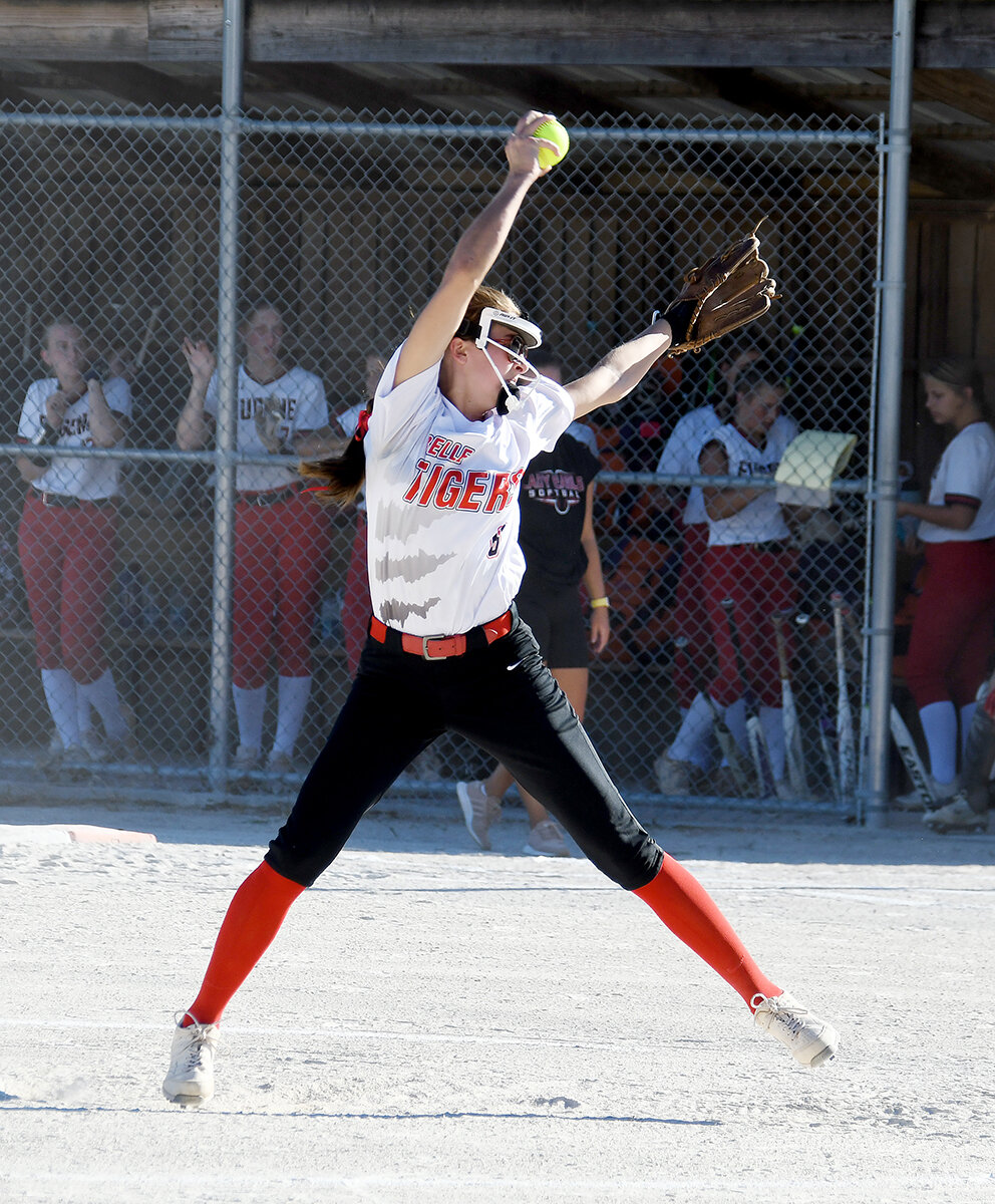 Nevaeh Kinsey lets one of her 120 pitches go Friday night against Eugene’s Lady Eagles at Belle City Park. Belle is scheduled to Cuba tomorrow (Thursday) and Linn Friday before taking the short trek east to Owensville for a Highway 28 showdown against the Dutchgirls on Monday, Sept. 11 at 5 p.m.